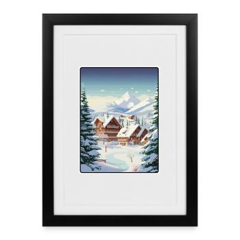 Megève France Chalet Enneigé Alpin Village Affiche - Affiche encadrée (27 × 37 cm) - noir - Devant