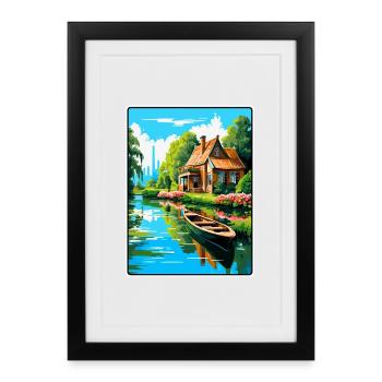Giethoorn Riverside Cottage en été fleuri - Affiche encadrée (27 × 37 cm) - noir - Devant