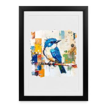Oiseau bleu en bloc de couleur abstrait - Affiche encadrée (27 × 37 cm) - noir - Devant