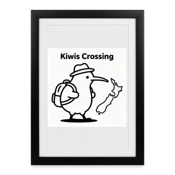 Kiwis Crossing : Kiwi voyageant avec un sac à dos - Affiche encadrée (27 × 37 cm) - noir - Devant