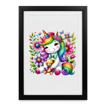 Licorne arc-en-ciel Floral Dream - Affiche encadrée (27 × 37 cm) - noir - Devant
