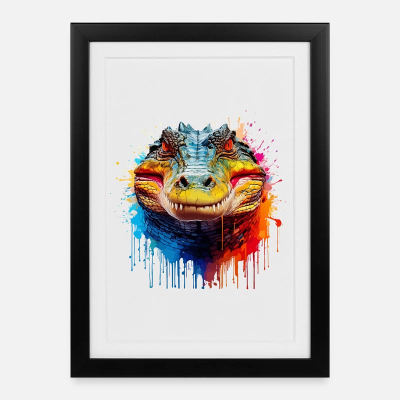 Bunter Krokodil Kopf Splash - Gerahmtes Poster (27 × 37 cm) - Schwarz