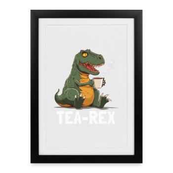 Funny T-Rex Dino Drinking Tea - Framed poster (27 × 37 cm) - black - Front