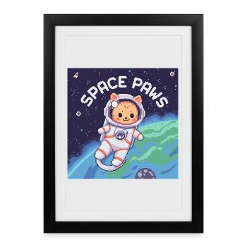 Space Paws - Pixel Cat Astronaute - Affiche encadrée (27 × 37 cm) - noir - Devant