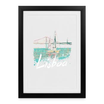 Lisbon Bridge 25 April, view of the Tagus River with white lettering - Framed poster (27 × 37 cm) - black - Front