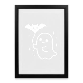Fantôme avec chauve-souris – Motif d’Halloween - Affiche encadrée (27 × 37 cm) - noir - Devant