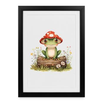 Watercolor frog with mushroom hat on tree trunk - Framed poster (27 × 37 cm) - black - Front