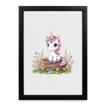 Watercolor unicorn on tree trunk with flowers - Framed poster (27 × 37 cm) - black - Front