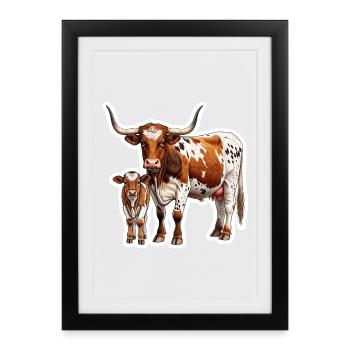Texas Longhorn with Calf – Proud Western Family - Framed poster (27 × 37 cm) - black - Front