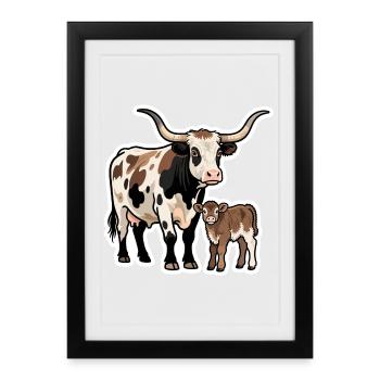 Longhorn avec veau – Design de style western - Affiche encadrée (27 × 37 cm) - noir - Devant