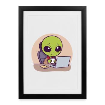 Extraterrestre stressé au bureau avec du café - Affiche encadrée (27 × 37 cm) - noir - Devant