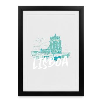 Tour de Belem Lisbonne et Tage illustration bleue - Affiche encadrée (27 × 37 cm) - noir - Devant