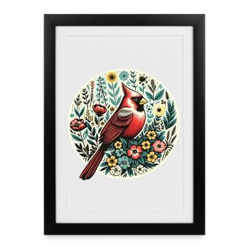 Cardinal en cercle floral - Affiche encadrée (27 × 37 cm) - noir - Devant