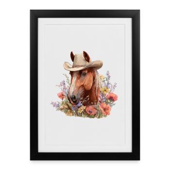 Cheval Cowboy chapeau Western Floral Floral - Affiche encadrée (27 × 37 cm) - noir - Devant