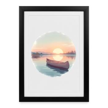 Coucher de soleil Lac Calme Canot - Affiche encadrée (27 × 37 cm) - noir - Devant