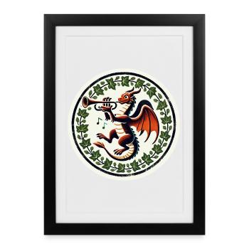 Dragon trompette en couronne de lierre - Affiche encadrée (27 × 37 cm) - noir - Devant