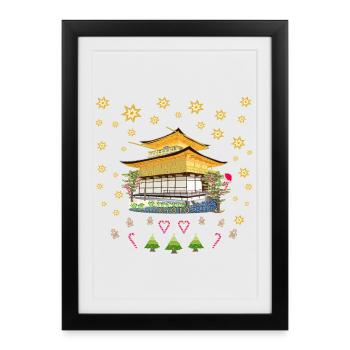 Kyoto, Temple Kinkaku-ji Dessin à la main Noël - Affiche encadrée (27 × 37 cm) - noir - Devant