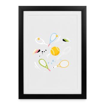Équipement de tennis moderne et balles - Gazon vert - Affiche encadrée (27 × 37 cm) - noir - Devant