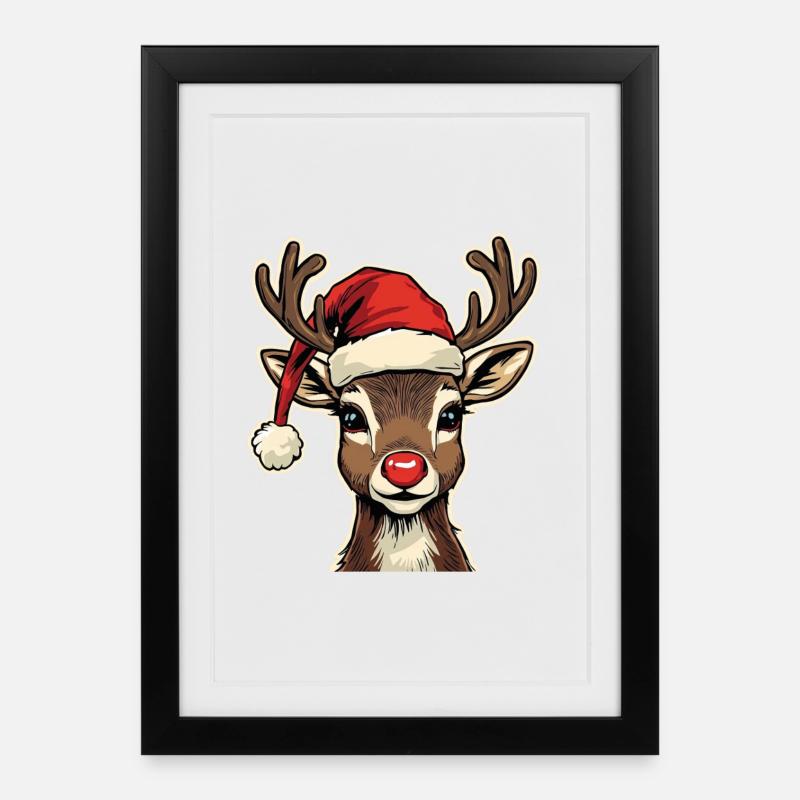 Reindeer with Santa hat - Framed poster (27 × 37 cm) - black