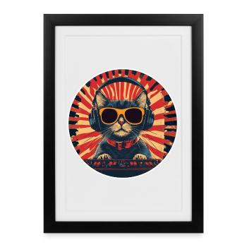 DJ disc-jockey chat avec des écouteurs rave hardystyle - Affiche encadrée (27 × 37 cm) - noir - Devant