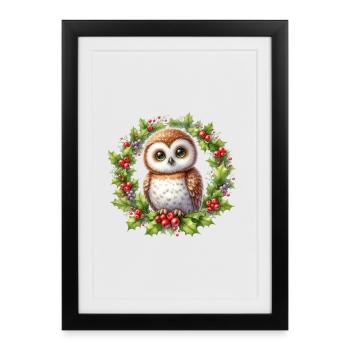 Holly Owl Wreath on the holiday season - Framed poster (27 × 37 cm) - black - Front
