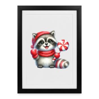 Raton laveur douillet avec canne d’orge d’orge - Affiche encadrée (27 × 37 cm) - noir - Devant