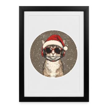 Chat cool avec lunettes de soleil Chapeau de Père Noël - Affiche encadrée (27 × 37 cm) - noir - Devant