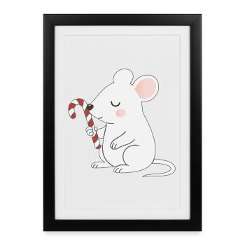 Souris mignonne avec une canne d’orge – Dessin animé mignon - Affiche encadrée (27 × 37 cm) - noir - Devant