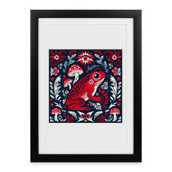 Grenouille mystique avec champignons et fleurs – Art populaire - Affiche encadrée (27 × 37 cm) - noir - Devant