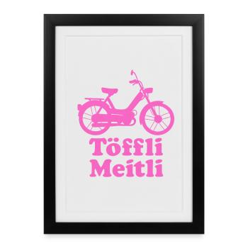 Töffli Meitli – Maillot de cyclomoteur pour filles et fans de mobylette - Affiche encadrée (27 × 37 cm) - noir - Devant