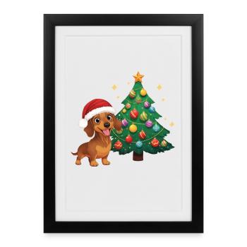 Teckel avec le Sapin de Noël du Chapeau de Noël - Affiche encadrée (27 × 37 cm) - noir - Devant