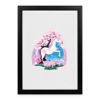 Licorne pastel dans la forêt de cerisiers en fleurs - Affiche encadrée (27 × 37 cm) - noir - Devant