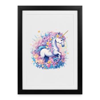 Licorne pastel avec anneau couronne de fleurs - Affiche encadrée (27 × 37 cm) - noir - Devant