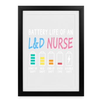 Niveau de batterie d'une sage-femme, d'une infirmière, humour - Affiche encadrée (27 × 37 cm) - noir - Devant