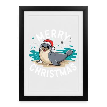 Joyeux Noël Mignon Phoque de Noël - Affiche encadrée (27 × 37 cm) - noir - Devant