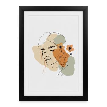 Bohème Woman Line Art – Portrait Minimaliste Floral - Affiche encadrée (27 × 37 cm) - noir - Devant