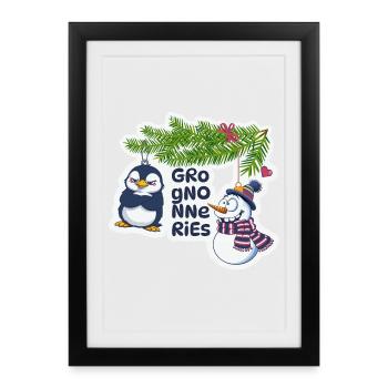 Noël Humoristique Pingouin et Bonhomme de neige - Affiche encadrée (27 × 37 cm) - noir - Devant