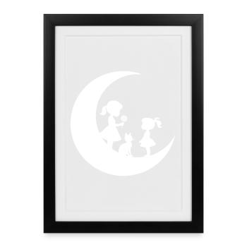 Girl Flower Cat on the Moon Silhouette - Framed poster (27 × 37 cm) - black - Front