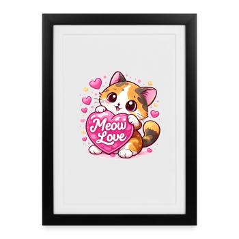 Chat Kawaii mignon avec cœur – cadeau mignon - Affiche encadrée (27 × 37 cm) - noir - Devant
