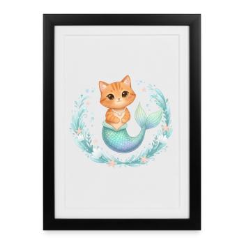Kawaii Cats Sirène – Style fantastique mignon - Affiche encadrée (27 × 37 cm) - noir - Devant