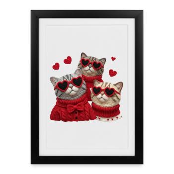 Les chats de la Saint-Valentin avec des lunettes en forme de cœur et des pulls - Affiche encadrée (27 × 37 cm) - noir - Devant