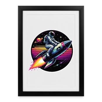 Astronaute sur fusée dans un coucher de soleil rétro - Affiche encadrée (27 × 37 cm) - noir - Devant