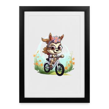 Cerf en couronne florale à vélo - Affiche encadrée (27 × 37 cm) - noir - Devant