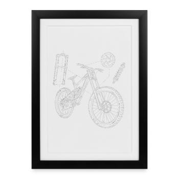 MTB Geometry Sketch: Downhill Exploded Drawing - Framed poster (27 × 37 cm) - black - Front