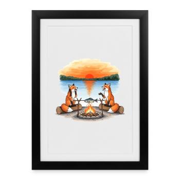 Feu de camp Fox au coucher du soleil au bord du lac - Affiche encadrée (27 × 37 cm) - noir - Devant