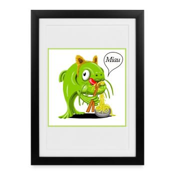 Poisson-chat déguisé en chat en train de sucer des nouilles - Affiche encadrée (27 × 37 cm) - noir - Devant