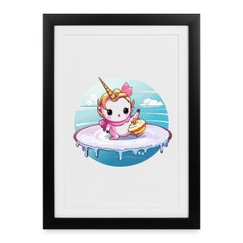 Unicorn on a surfboard with cupcake - Framed poster (27 × 37 cm) - black - Front