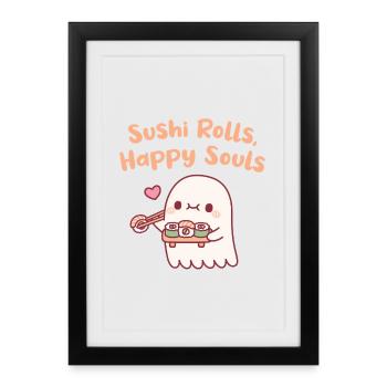 Mignons Ghost Sushi Rolls Âmes Heureuses Drôles - Affiche encadrée (27 × 37 cm) - noir - Devant