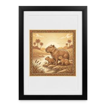 Famille Capybara au bord de la rivière – Illustration vintage - Affiche encadrée (27 × 37 cm) - noir - Devant
