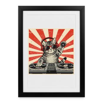 Cat DJ Retro Pop Art - Framed poster (27 × 37 cm) - black - Front